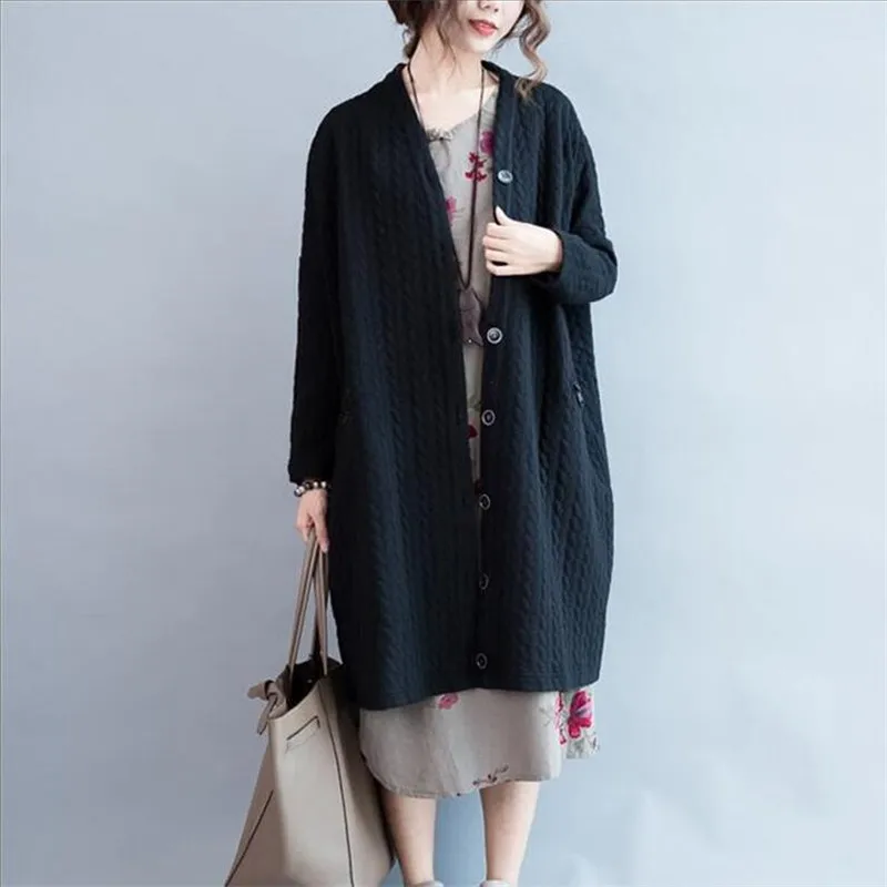 2022 Women Long Cardigans Autumn Winter Open Stitch Knitting Sweater Cardigans V Neck Button