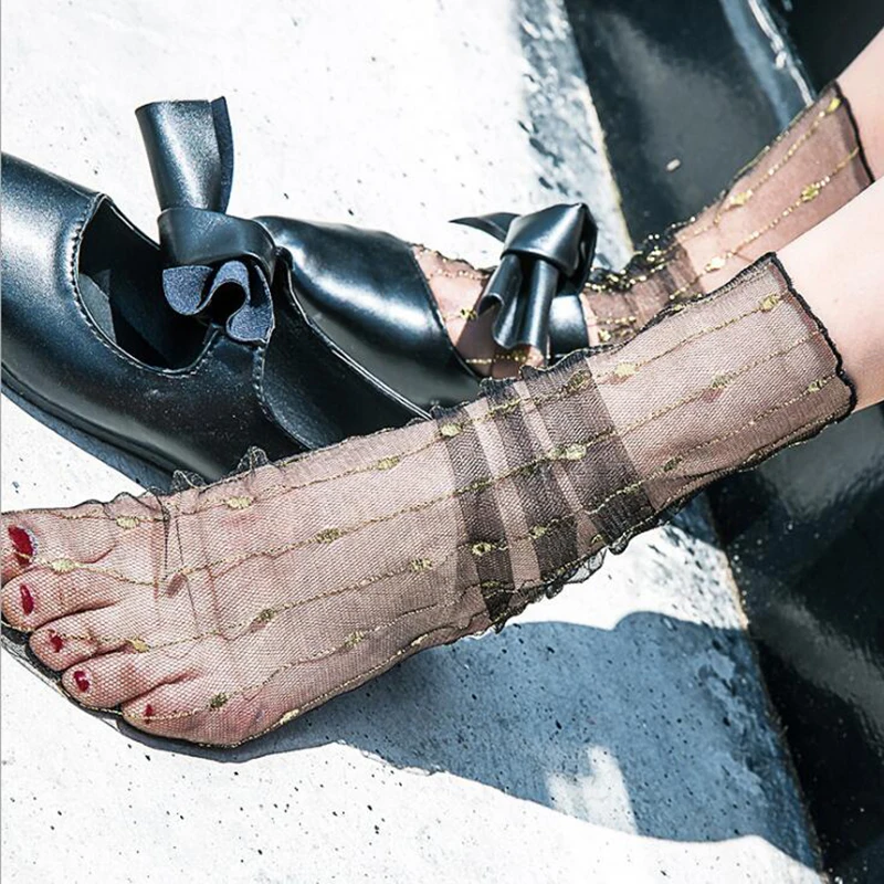 

Summer Thin Tulle Socks For Women Girls Shiny Black White Transparent Loose Socks Long Soft Happy Socks Female Hosiery WZ0119