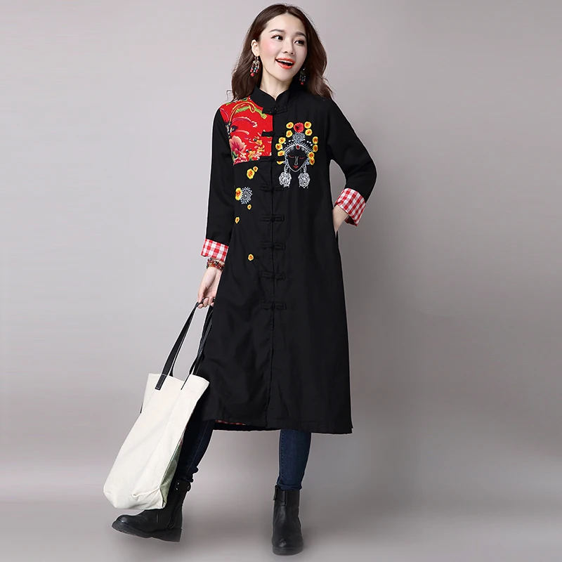 

2019 Vintage Trench Coat for Women Cotton Linen Long Trench Coats Retro Embroidery Patchwork Spring Autumn Women's Clothing V823