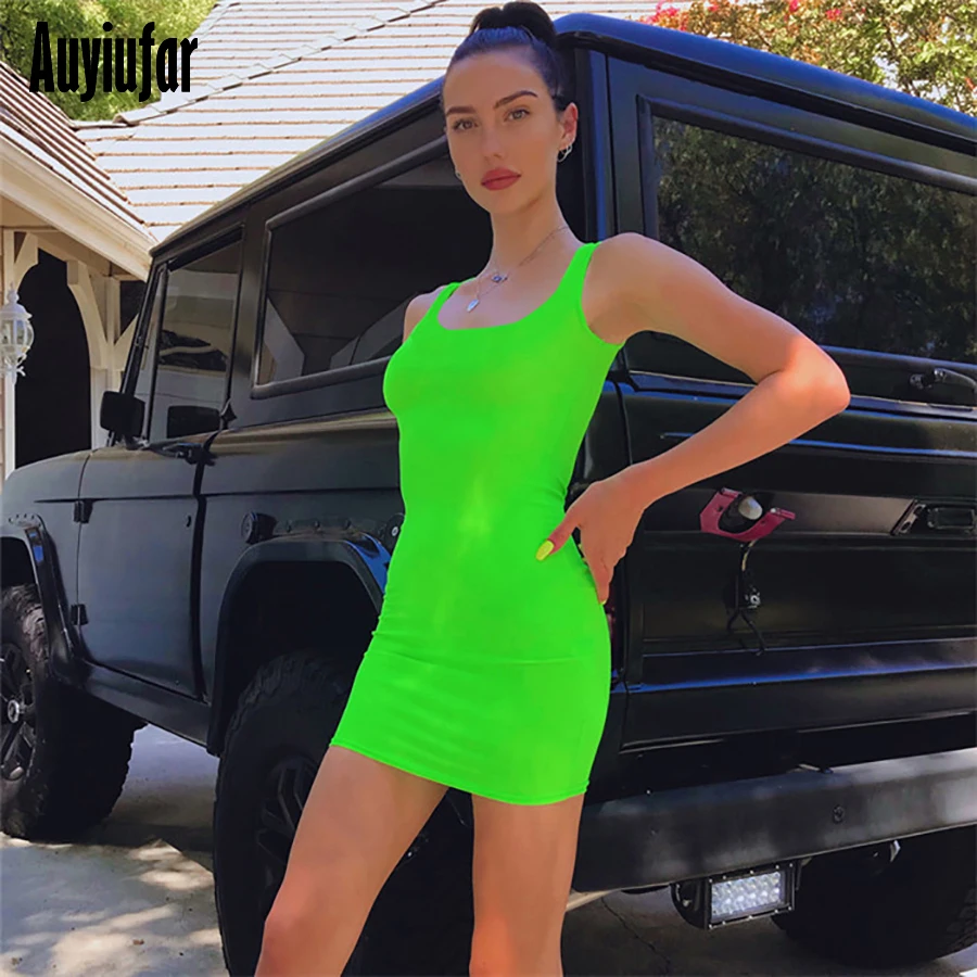 

Auyiufar Fluorescent Green Dress Women O Neck Casual Sheath Sleeveless Knitted Sexy Summer Dress Orange Robe Femme 2019 Dresses