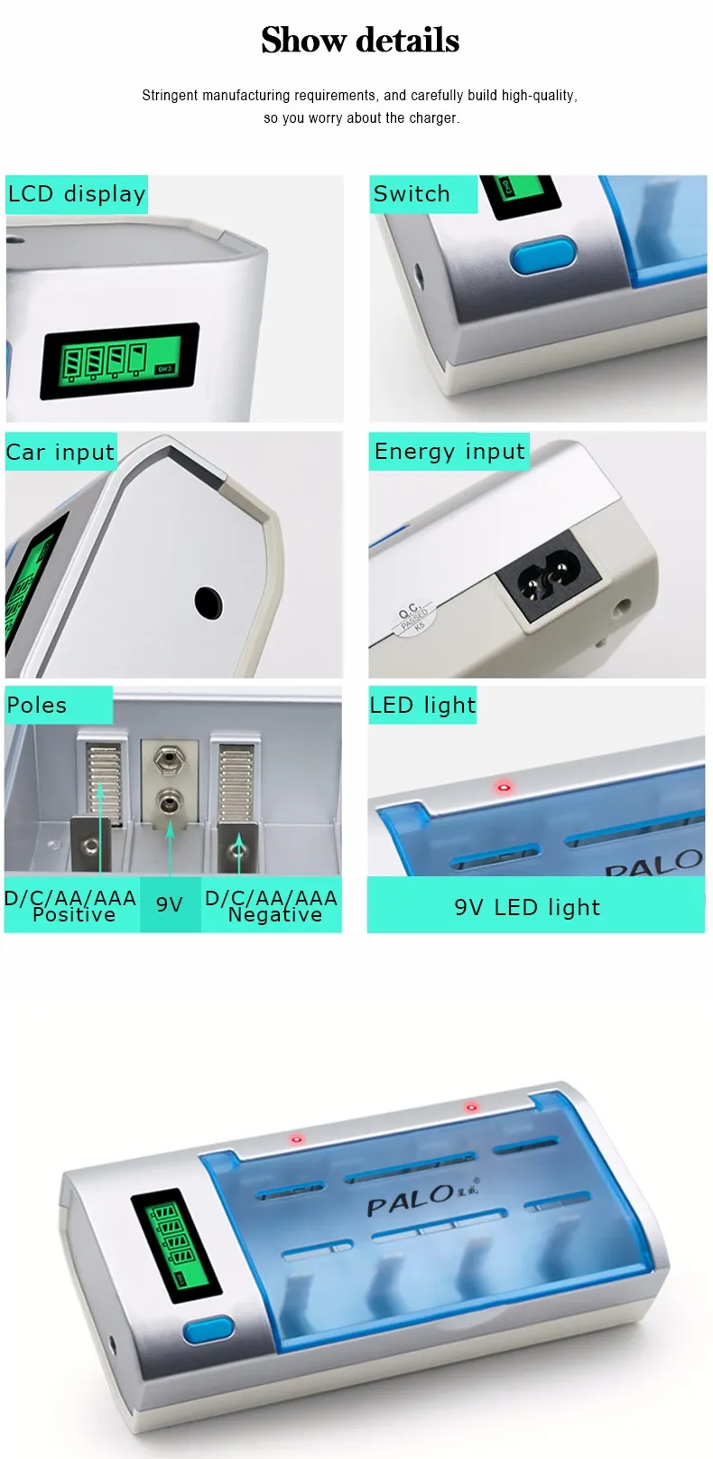 PALO New Rechargeable LCD Display Smart Screen Battery Charger For 1.2v Ni-MH NI-CD AA/AAA/C/D/9V Size Batteries usb charger for smart watch