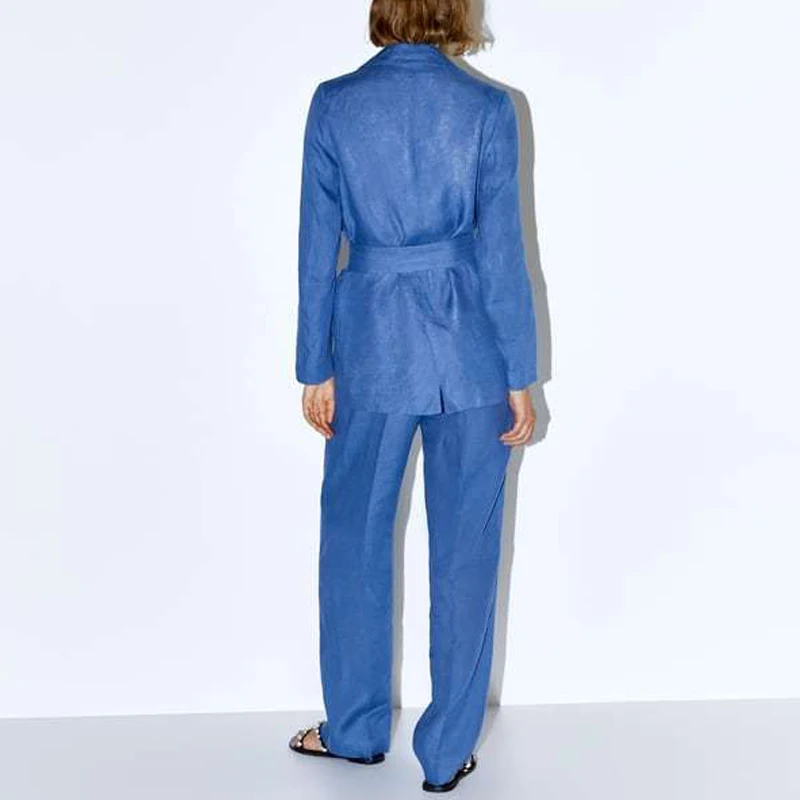 Blue Linen Women Pant Suits Belt Long Blazer Jacket High Waist Straight Pants Office Lady Two Piece Set Casual Female Trousers