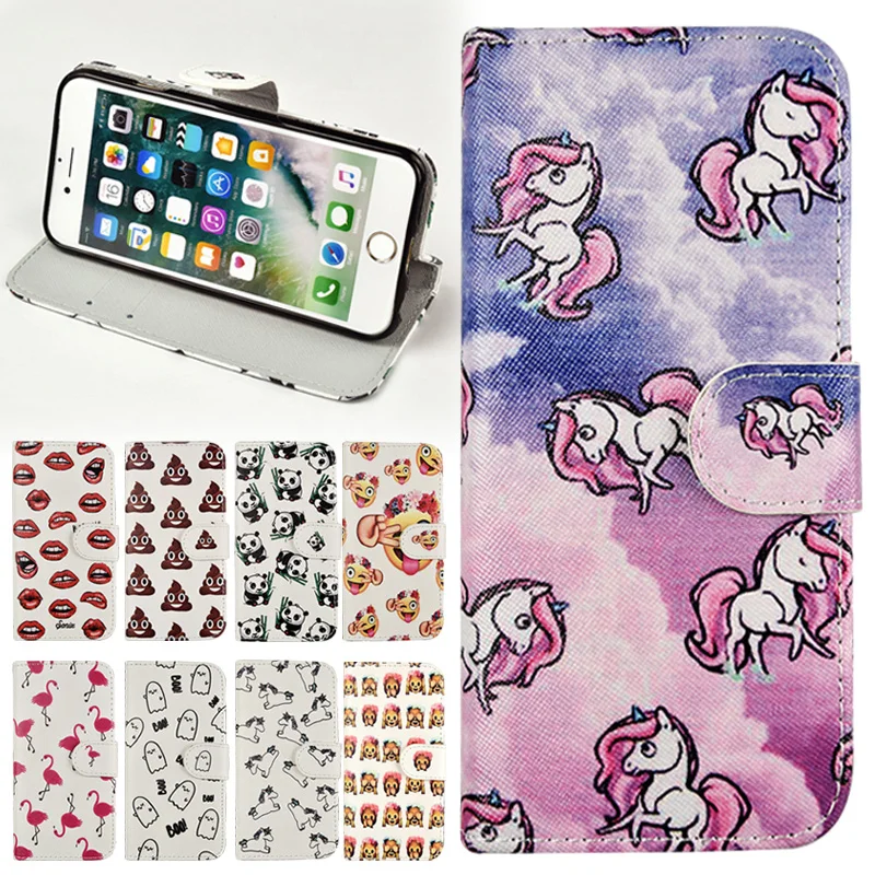 

OWNEST For iphone 7 6 6S 5S SE Flip Wallet Style Magnetic Leather Case Silicone Animal Funny Emoji Print Painting Pattern Cover