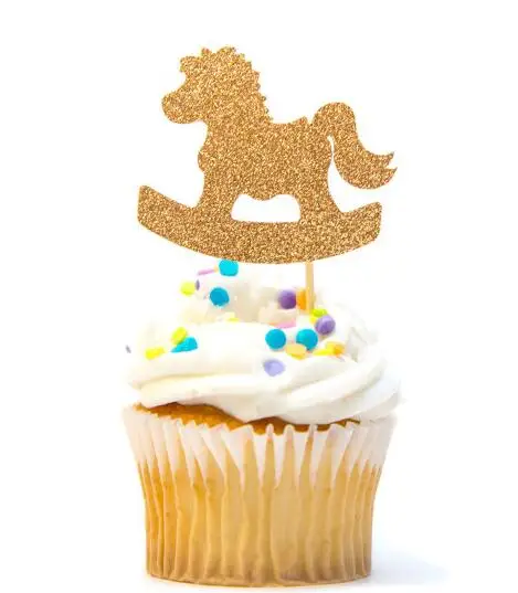 

glitter Rocking Horse first birthday Gender Reveal cupcake toppers Christening wedding baby shower party doughnut food toothpick