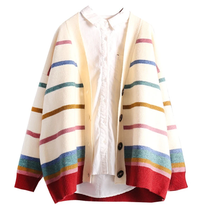

H.SA Women Cardigans and Sweater 2018 Girls Colorful Rainbow Striped Knitted Cardigans Oversized Spring Autumn Knit Jacket Coat