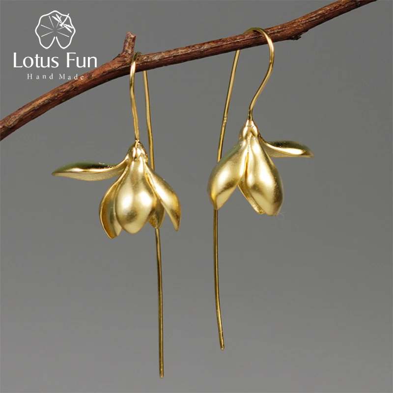 Lotus Fun Real 925 Sterling Silver Handmade Designer Fine Jewelry Elegant Magnolia Flower Dangle Earrings for Women Brincos