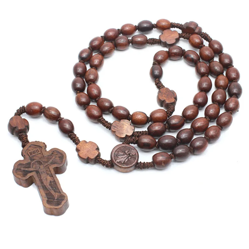 

Wood Catholic Jesus Cross With Wooden Bead Carved Rosary Pendant Long Collier Statement Necklace Men Jewelry