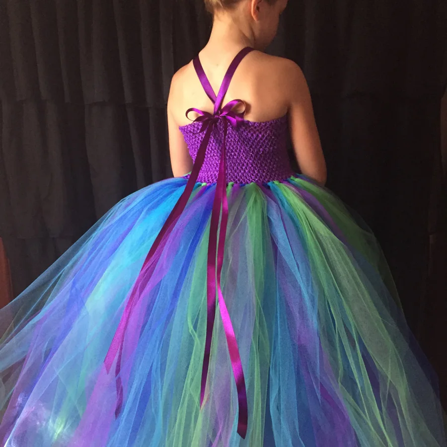 Peacock Flower Girl Tutu Dress Turquoise and Purple Tulle Wedding Dress Kids Purim Party Ball Gown Elegant Princess Prom Dress (1)