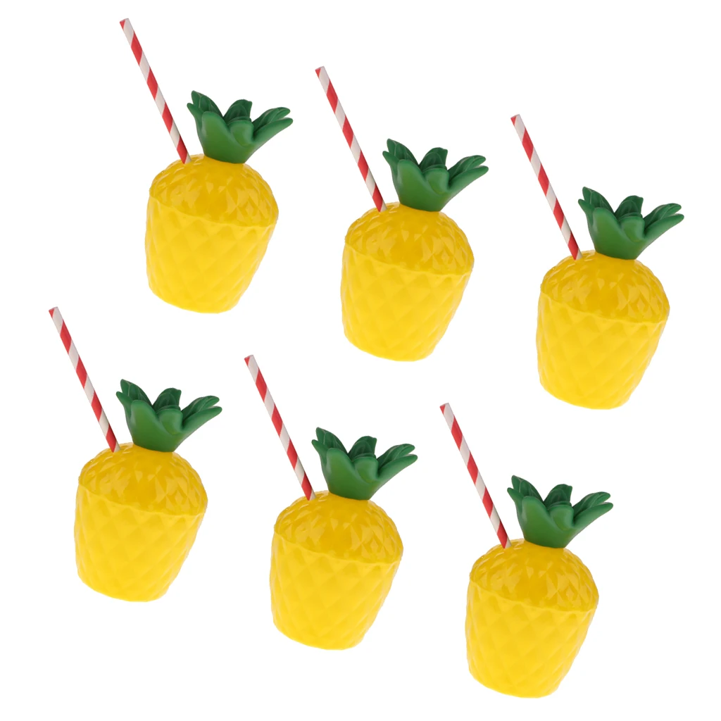 6x Plastic Tropic Pineapple Drinking Cup & Straw Hawaii Luau Beach Party Decor
