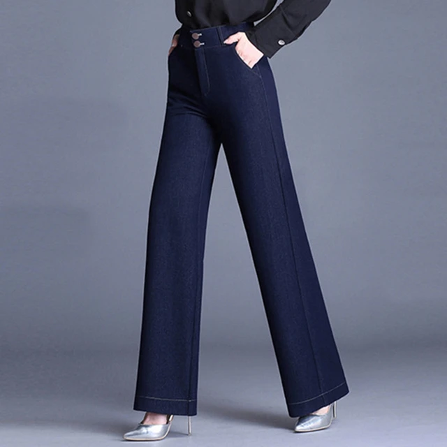 Women's Classic Denim Jeans Wide Leg Elastic High Waist Drawstring Pants  with Pockets, Fleece Dark Blue, S : : Fashion