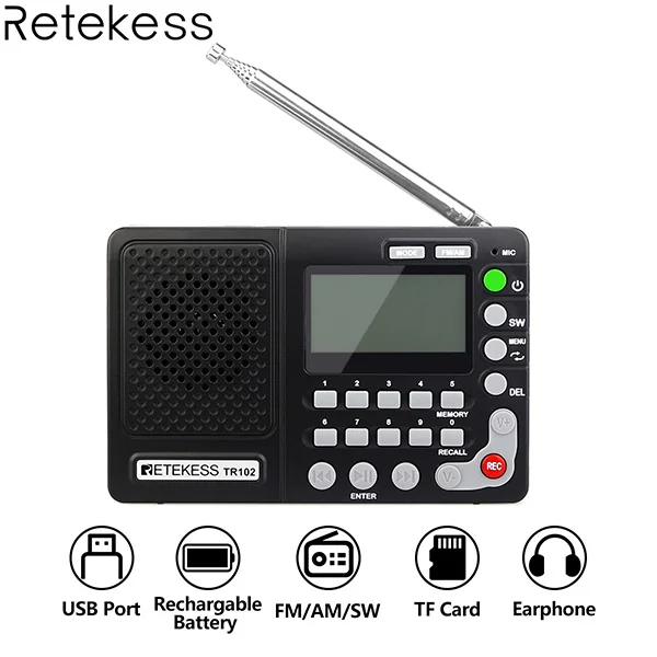 Retekess TR102 портативное радио FM/AM/SW приемник мирового диапазона MP3-плеер REC рекордер с таймером сна черный fm-радио рекордер