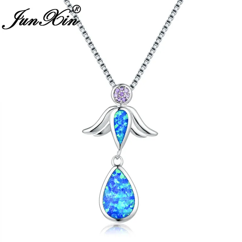 JUNXIN Fairy Angel Wings Pendant Blue Fire Opal Necklaces For Women 925