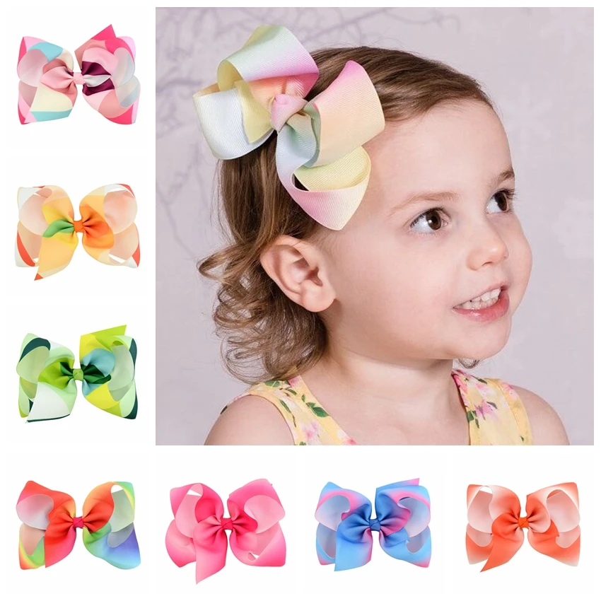 

12pcs/lot 6 Inch Large Rainbow Grosgrain Ribbon Bow With Clip Kids Cartoon Hair Clip Boutique Gradient Hair Accessories 723