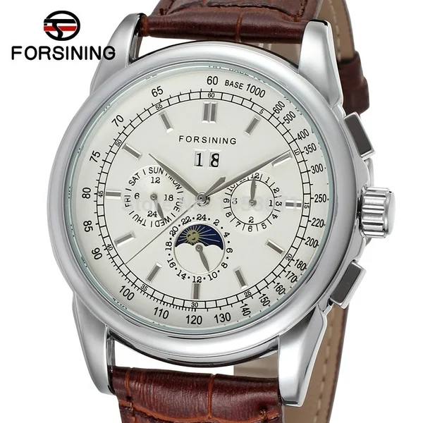 FORSINING, роскошные Брендовые мужские модные автоматические механические часы, повседневные часы с ремешком из натуральной кожи, часы с фазой Луны-319