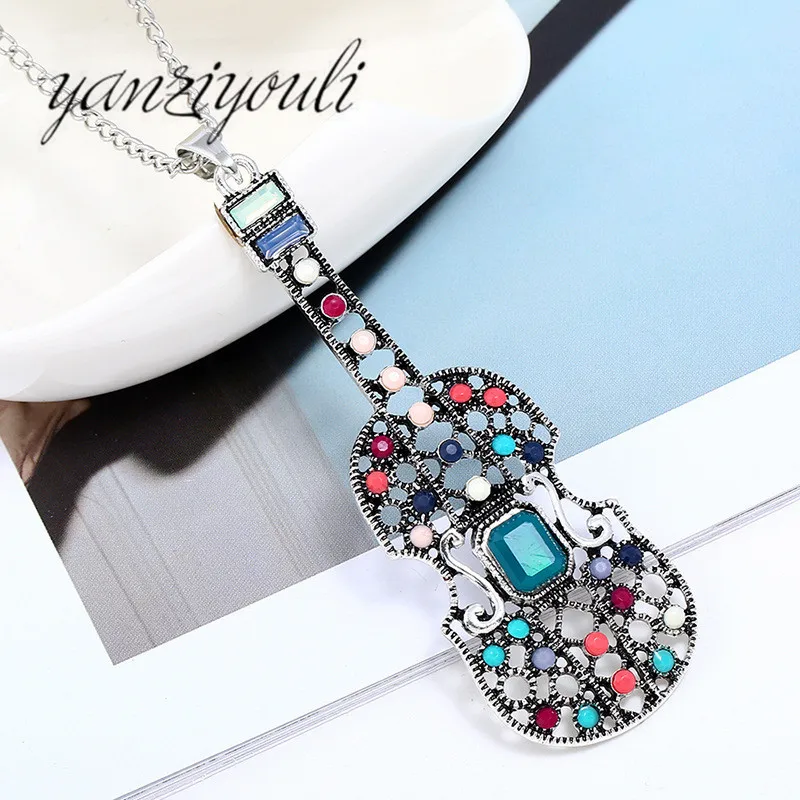 

Bohemia Statement Resin Violin Necklaces Pendants Long Chain Collar Musical Instrument Jewelry For Women Girls Boho