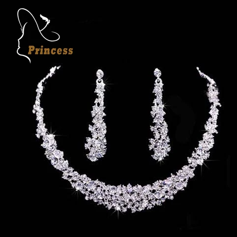 Fashion Hot Sale Silver Plated Crystal Necklaces Earrings Rhinestone Bridal Jewelry Sets Wedding Gift For Women B20 A017-2