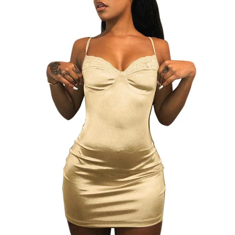 

Anself Women Pencil Dress Satin Floral Lace Splicing Sleeveless Open Back Summer Slip Dress Bodycon Bandage Mini Party Wear 2019