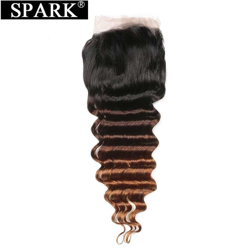 Spark Hair Ombre Brazilian Loose Deep Wave 13x4 Swiss Lace Frontal Closure Free Part Remy Human Hair Closure 1B/4/30 Color