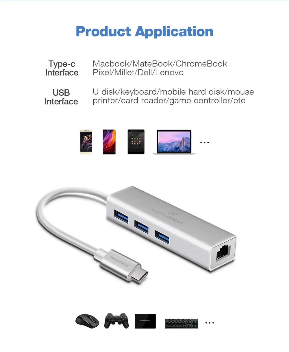 Moweek USB 3,0 концентратор type c для Ethernet сетевой адаптер 1000 Мбит/с RJ45 usb-c с 3 usb 3,0 портами usb разветвитель для MacBook Pro