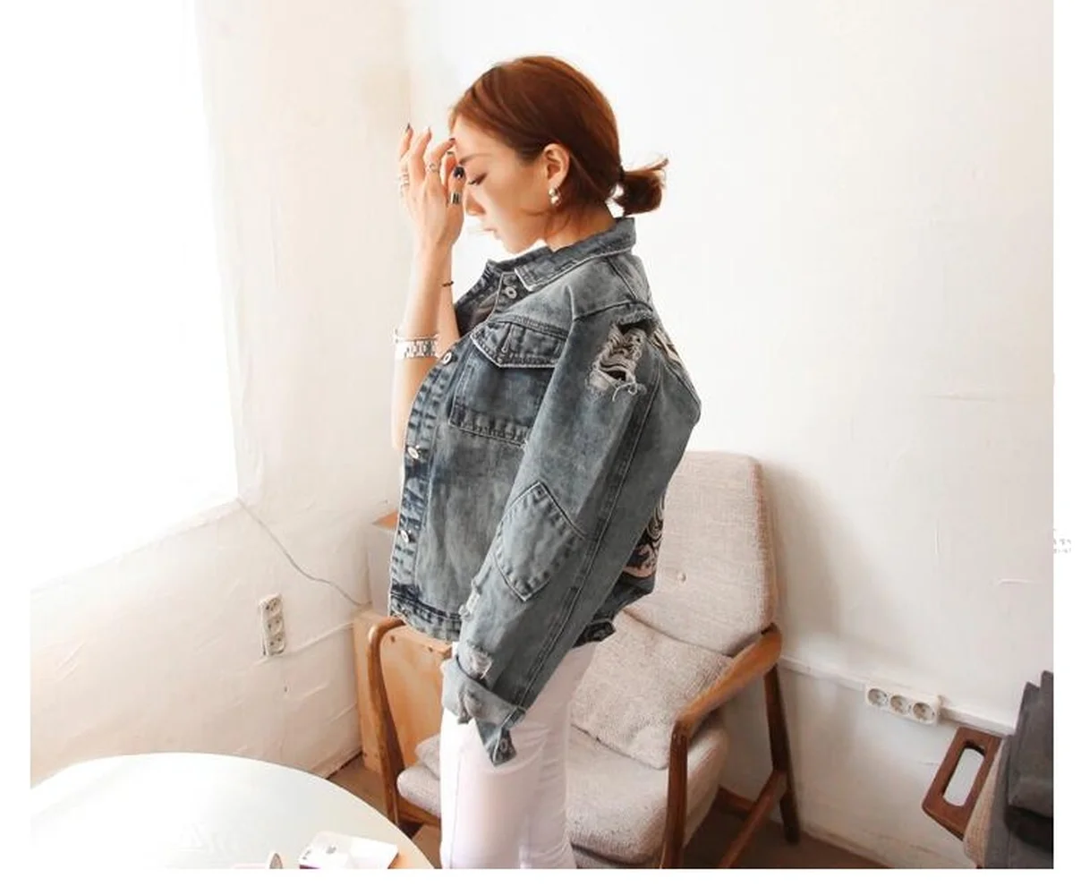 Весна осень классический женский жакет Забавный принт DenimJacket женские рваные с отверстиями и длинными рукавами куртки-бомберы