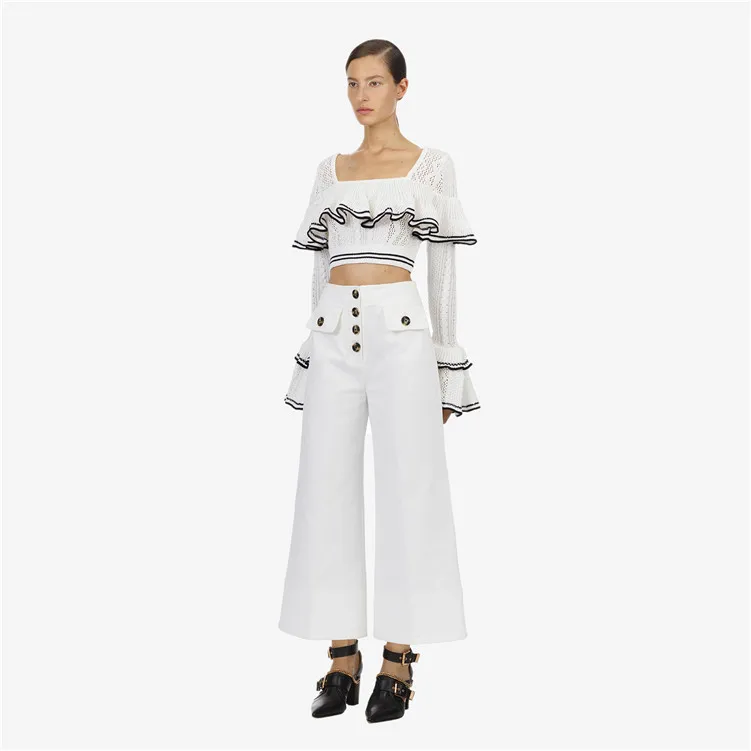 2019 Spring New White Square Collar Horn Sleeve Short Knitted Sweater Pullovers Square Computer Knitted Cashmere Sweater Women