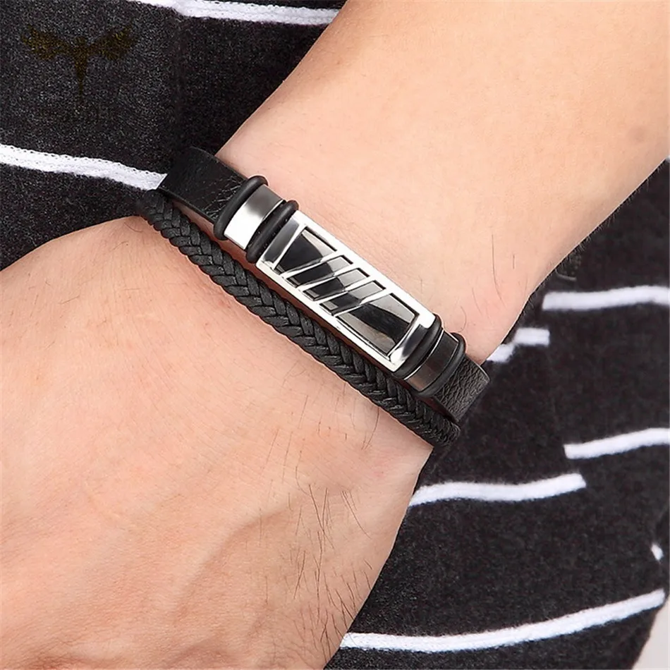 Fashion Charm Bracelet Gold Black Geometric Stainless Steel Accessory Multi Layer Leather Bracelets Bangles for Women Men