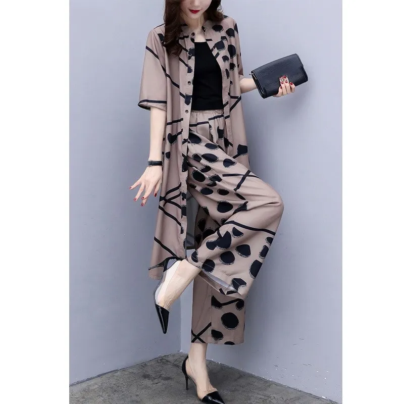 

Big Size Floral Print Wide Leg Pant Suits Women Fashion Two Piece Set Long Elegant Temperament Women's Summer Suit