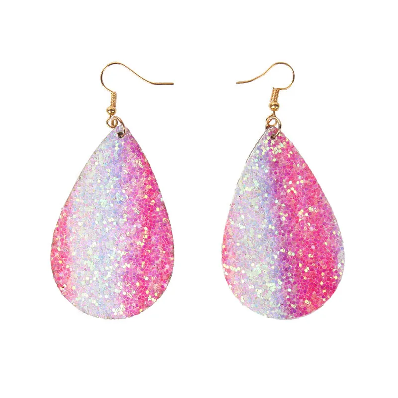 

ZWPON 2018 New MultiColors Glitter Rainbow Leather Teardrop Earrings Print Looking Various PU Leather Dangle Drop Earrings Women