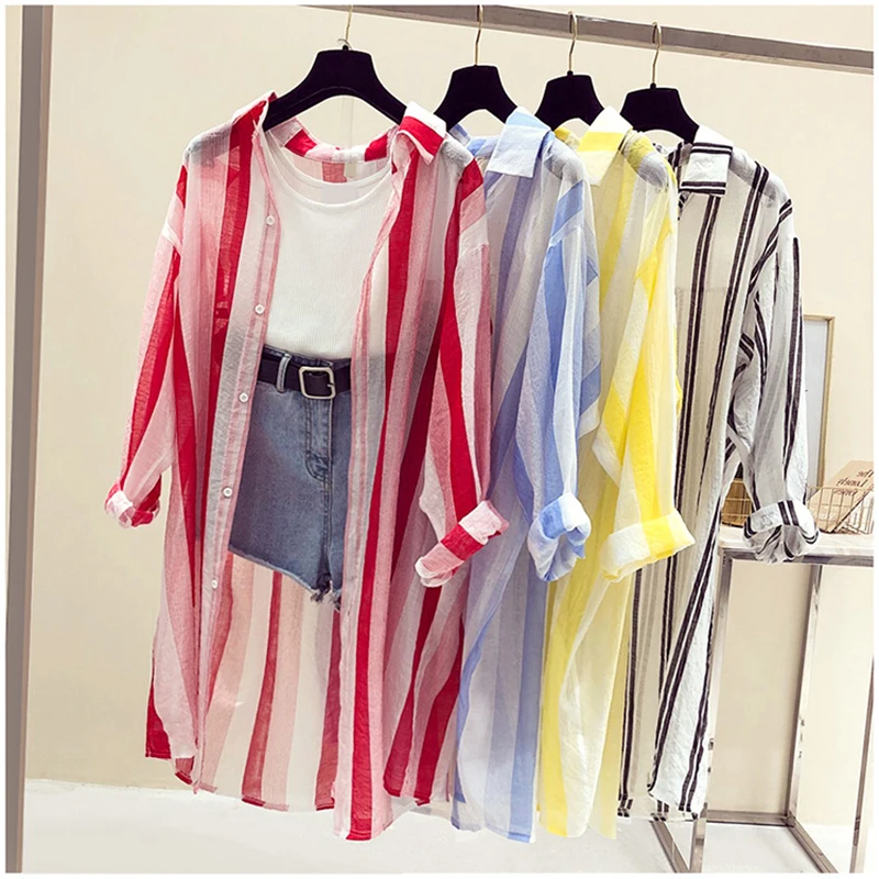 

Summer Sun Protection Stripe Coat Summer Women's Streetwear Loose Seaside Long Chiffon Thin Jacket Sunscreen Jacket