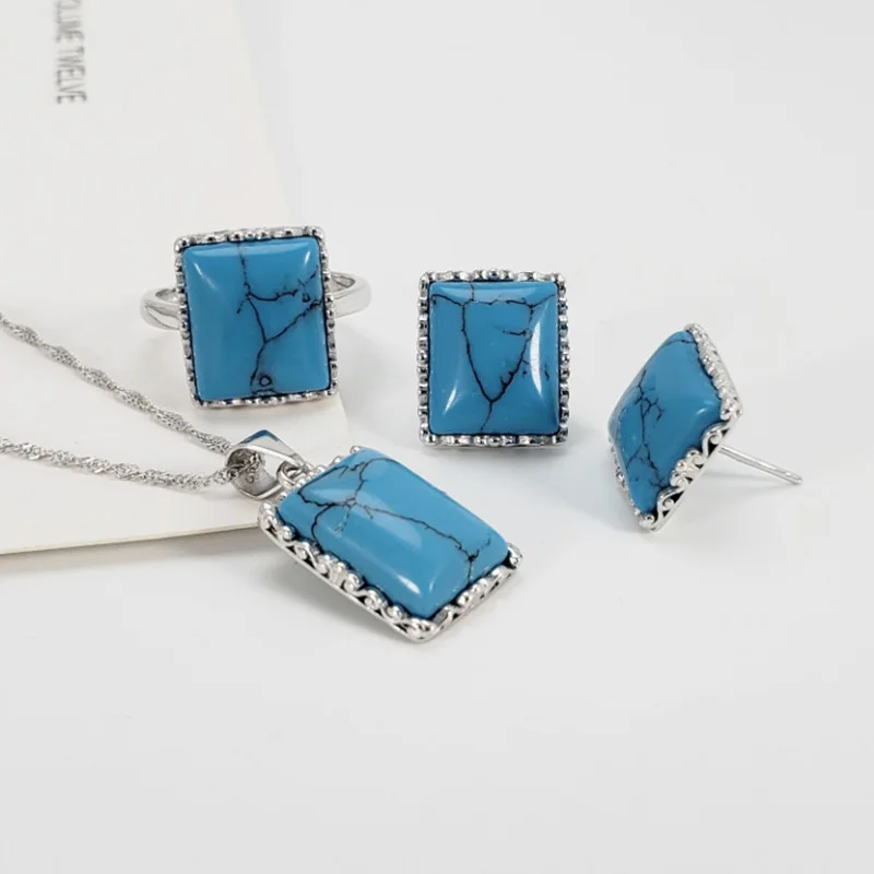 

Guaranteed 925 Sterling Silver Jewelry Sets Simple Square Turquoise For Women With Natural Gemstone Fine Jewelry