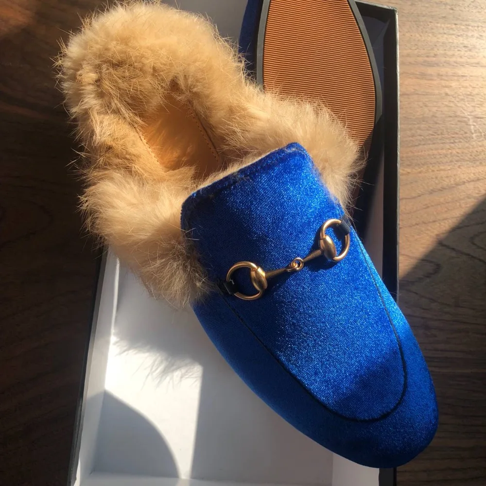 Bleu Doux Qualité 34 Belle Top 41 Taille Mules Plat Lapin Chaussures Couleur Femmes De Fourrure Velours Diapositives Faux Mocassins SA6qwx6