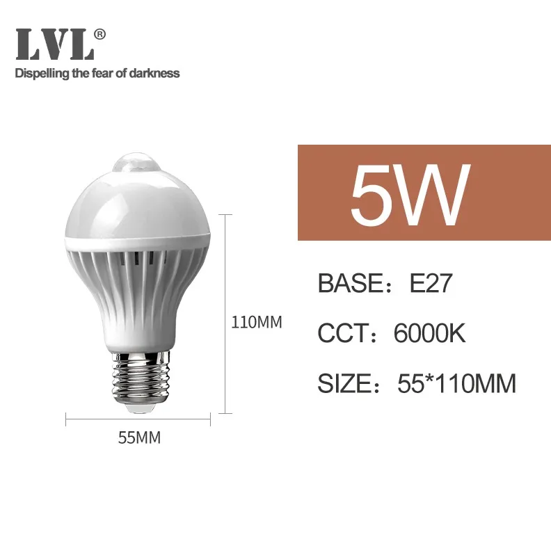 LED движения PIR Сенсор лампы E27 5 W 7 W AC 220 V 240 V белый 6000 K человеческого тела инфракрасные лампы индукции для Освещение в помещении - Испускаемый цвет: 5W-6000K