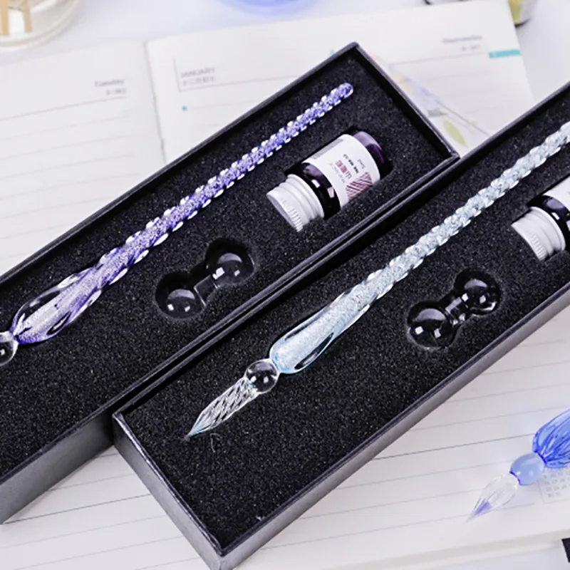 Coloured glass pen dipped ink Transparent glass pen box set (with