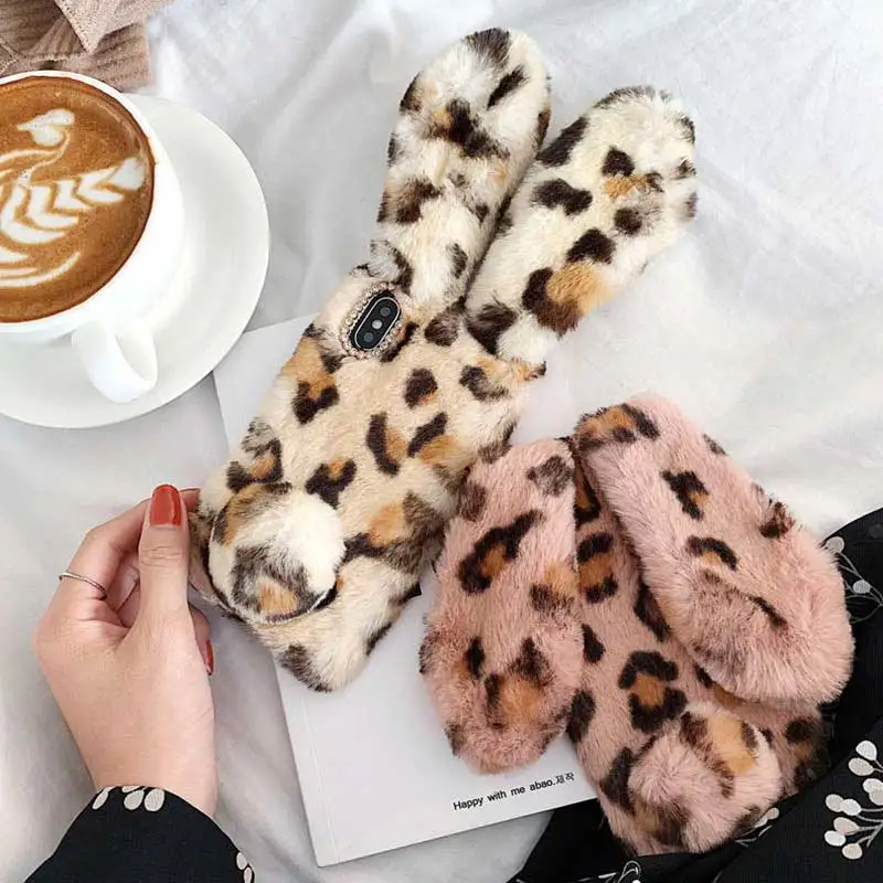 

Boucho Plush Warm Phone Case for iPhone XS Max XR X 6 6S 7 8 Plus Cases 3D Rabbit Ears Furry fluffy Fur Fashion Leopard Cover