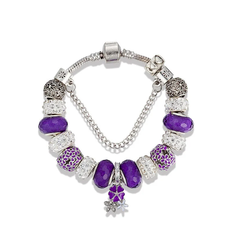 European Charm pandora Bracelet For Women With purple clover Beads