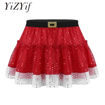 

YiZYiF Women Skirts Dancing Girls Red Shiny Sequins Short Skirt with Elastic Waistband performance Dance Costume Fancy Skirts