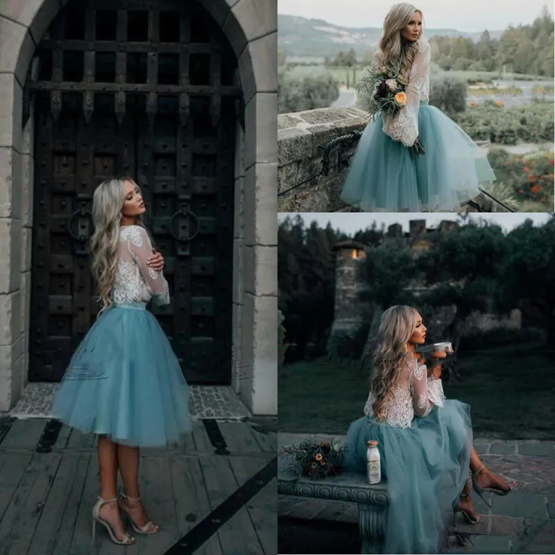 

2019 Ivory and Mint Lace Two Pieces Long Sleeve Short Prom Dress Illusion Boho Party Gowns Graduation Trendy Cocktail Gowns
