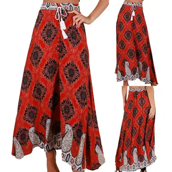 

Feitong Fashion Summer Print Skitrts Women Bohemian High Waist Bandage Button Beach Print Maxi Skirt jupe femme trendyol #C