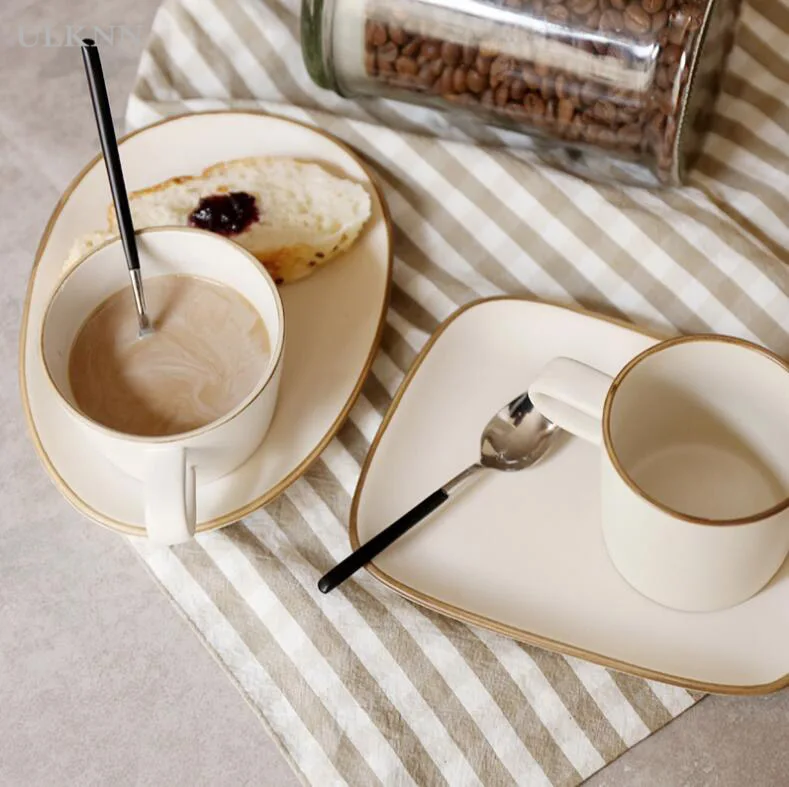 Brief style coarse pottery plate cup set creative retro pottery coffee cup breakfast cup plate