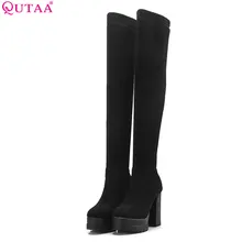 QUTAA/ г. Женские ботфорты выше колена зимние сапоги на платформе и высоком квадратном каблуке обувь высокого качества женские ботинки большой размер 34-42