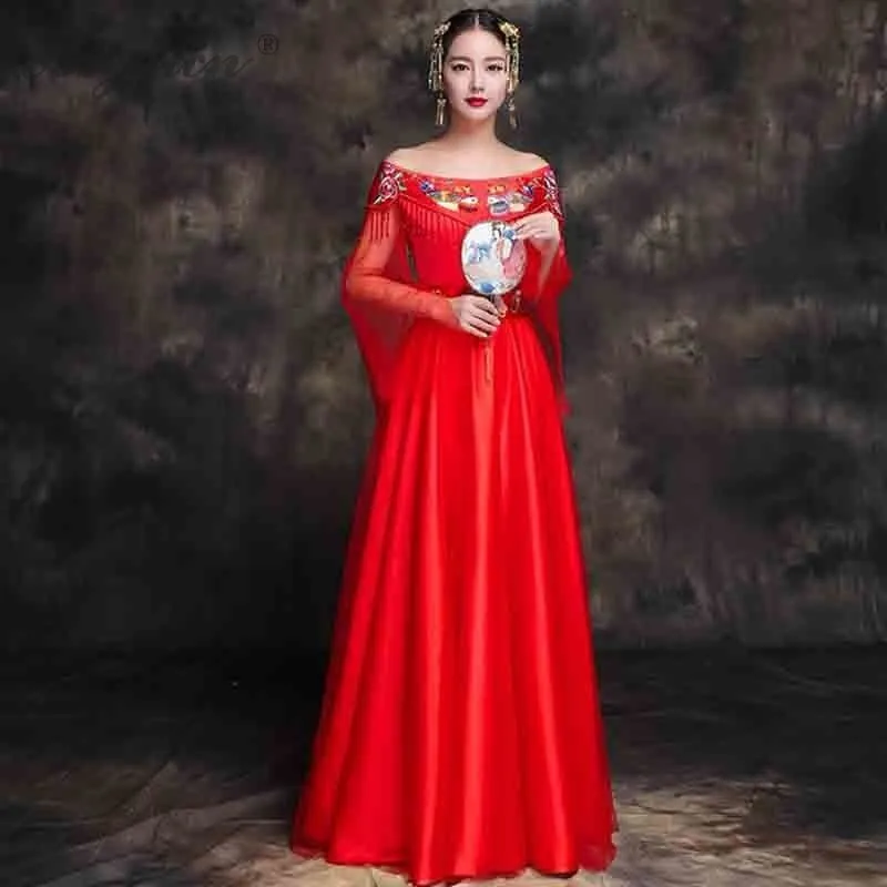 Летнее платье для невесты на одно плечо Cheongsam Длинные вечерние платья Qi Pao женские Китайский традиционный свадебный платье Qipao красные вечерние платья