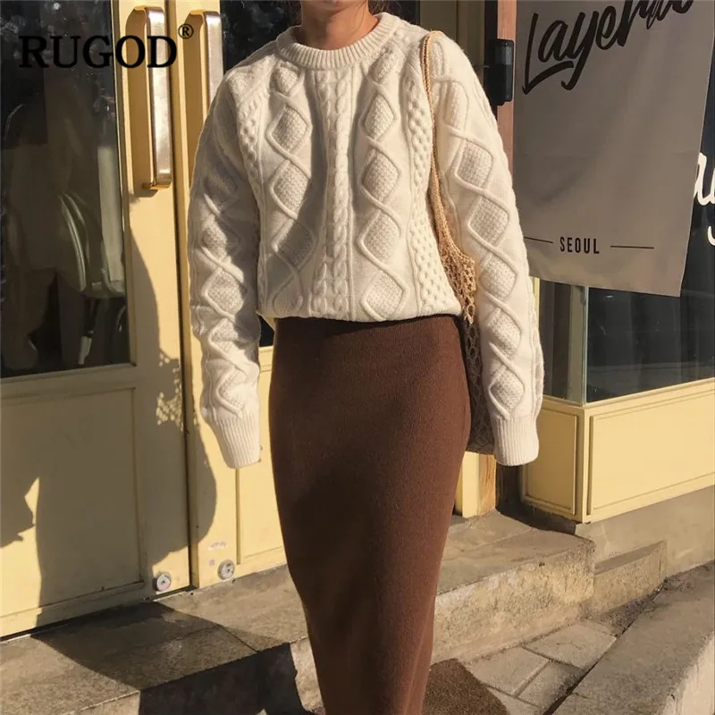 

RUGOD Vintage Fashion Women Pullovers Solid Knitted Winter Clothes O-Neck Elegant Women Sweaters sueter mujer invierno 2018