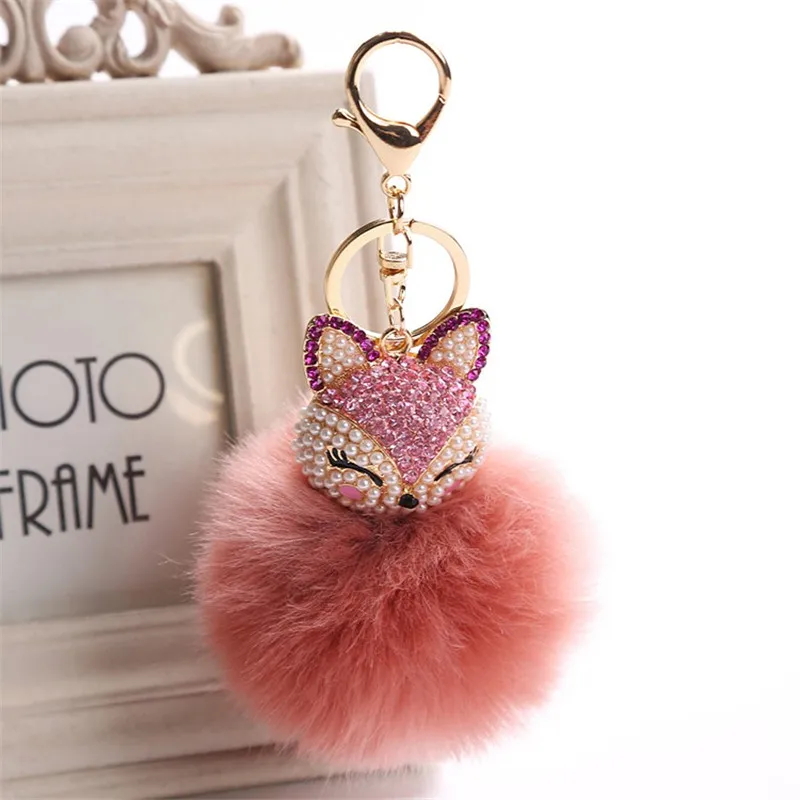 

Cute Fox Inlay Simulated Pearl Pendant Key Chains Lovely Crystal Fox Rabbit Fur Ball Animal Key Chains for Handbag Car Key Ring