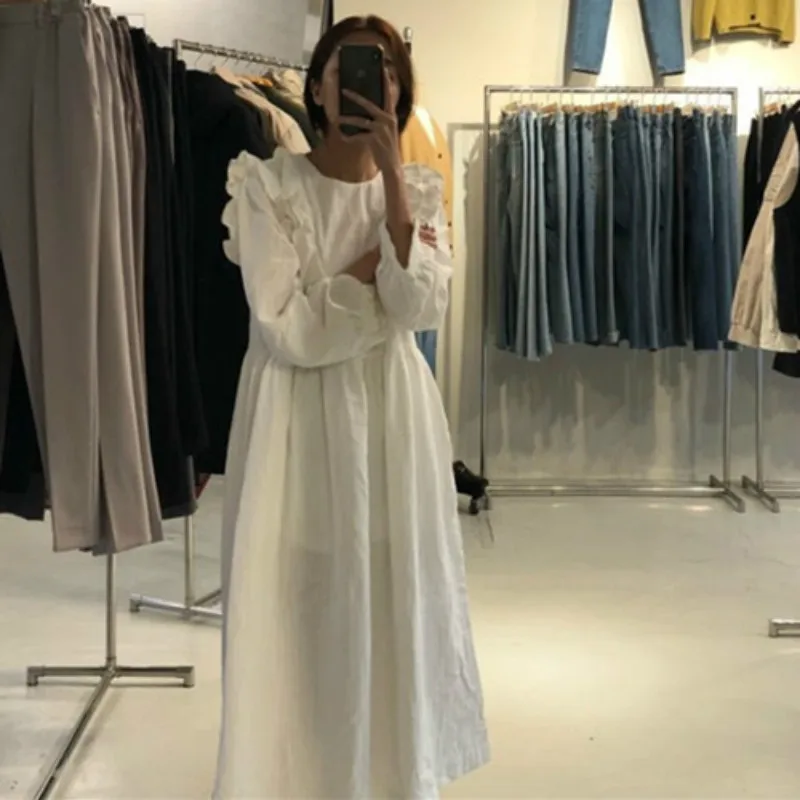 Robe longue à volants en coton pour femmes, manches longues amples