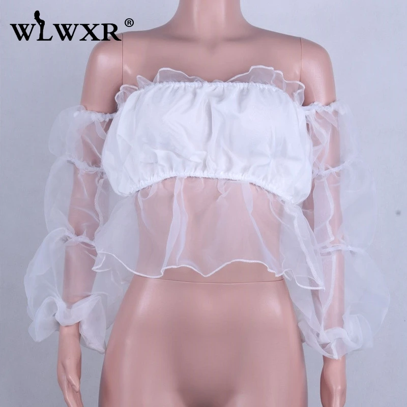 WLWXR летнее сексуальное для вечеринок майка женская футболка укороченная однотонная прозрачная открытая спина короткие оборки сетка Белый обрезанный женский топ