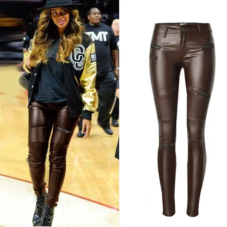 Urumbassa women's Moto&biker leather pants 2018 spring coffee PU leather pencil pants S-2XL plus size pants