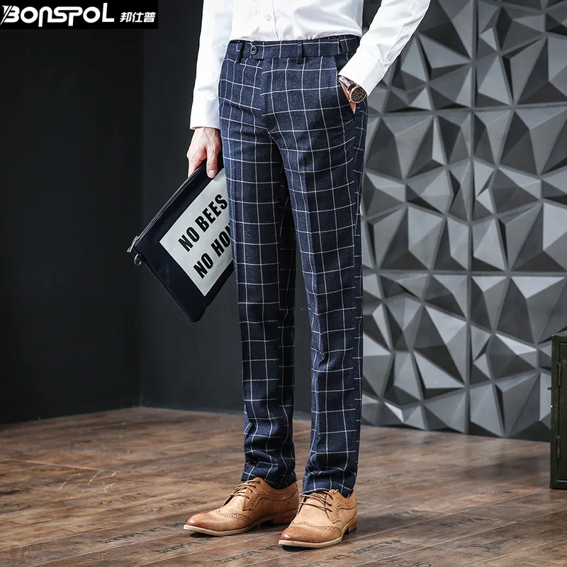 Бренд BONSPOL новые мужские клетчатые брюки прямые брюки для отдыха зимние брюки мужские дизайнерские брюки