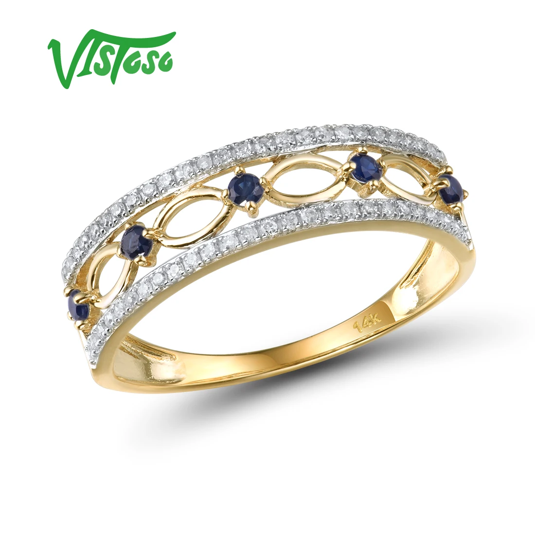 VISTOSO 14K Yellow Gold Rings For Women Genuine Sparkling Diamond Fancy Blue Sapphire Engagement Anniversary Unique Fine Jewelry 1