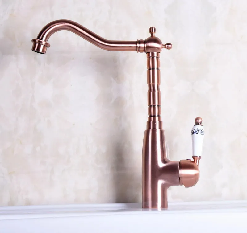 Antique Red Copper Brass Single Ceramic Handle Bathroom Kitchen Basin Sink Faucet Mixer Tap Swivel Spout Deck Mounted mnf132