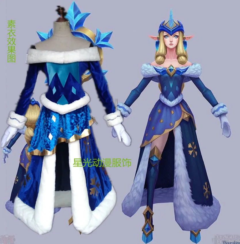 

[Customized] Game LOL Winterlude Soraka Ice And Snow Festival Uniform Cosplay Costume+Headwear For Halloween Free Shipping New.